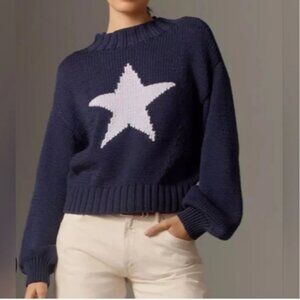 Anthropologie Maeve The Pippa Mock-neck Blue White Star Graphic Sweater size 2X